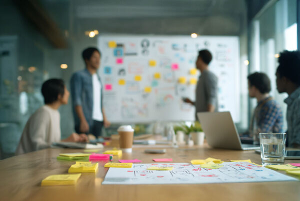 Colleagues during a brainstorm in a meeting room with post-its on the table