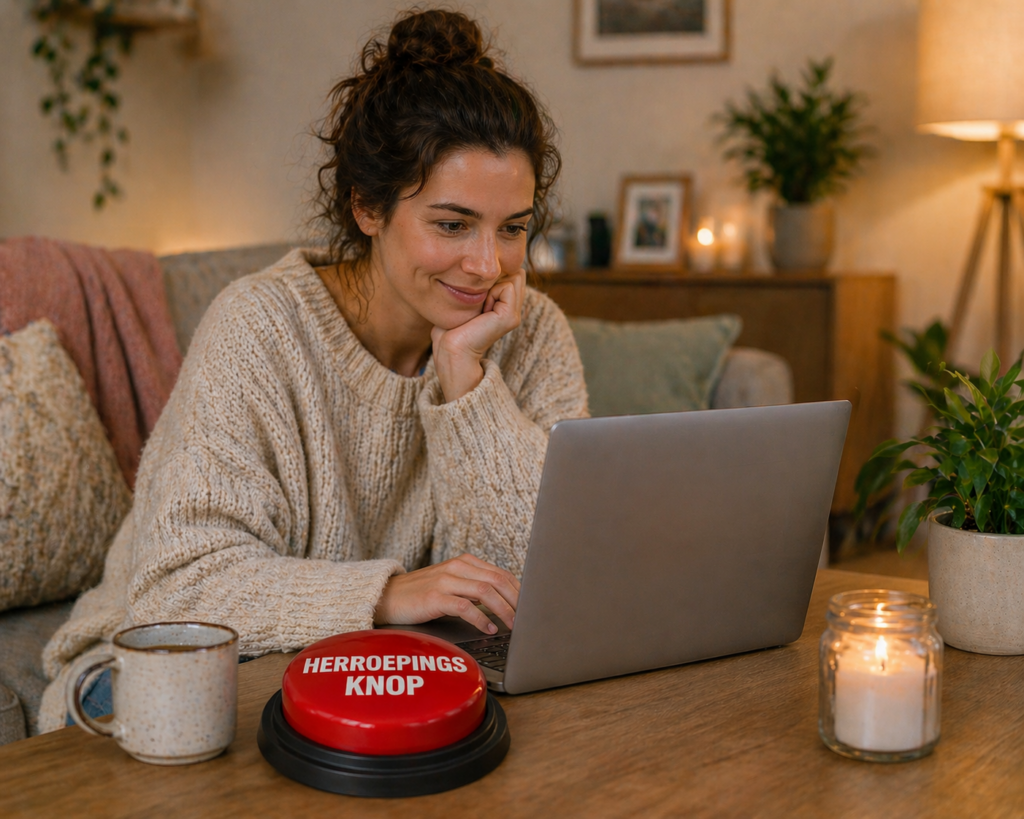 Vrouw met een laptop op de bank naast een grote rode knop met de tekst ‘herroepingsknop’